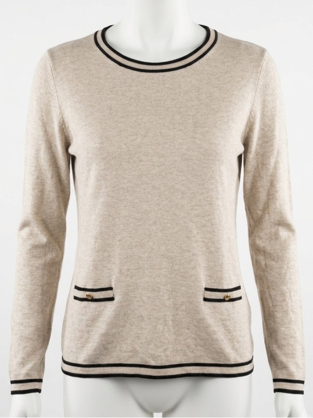 Sfera Parisian Knit Sweater Tan Beige Black Trim Faux Pocket Gold Button EUR XL